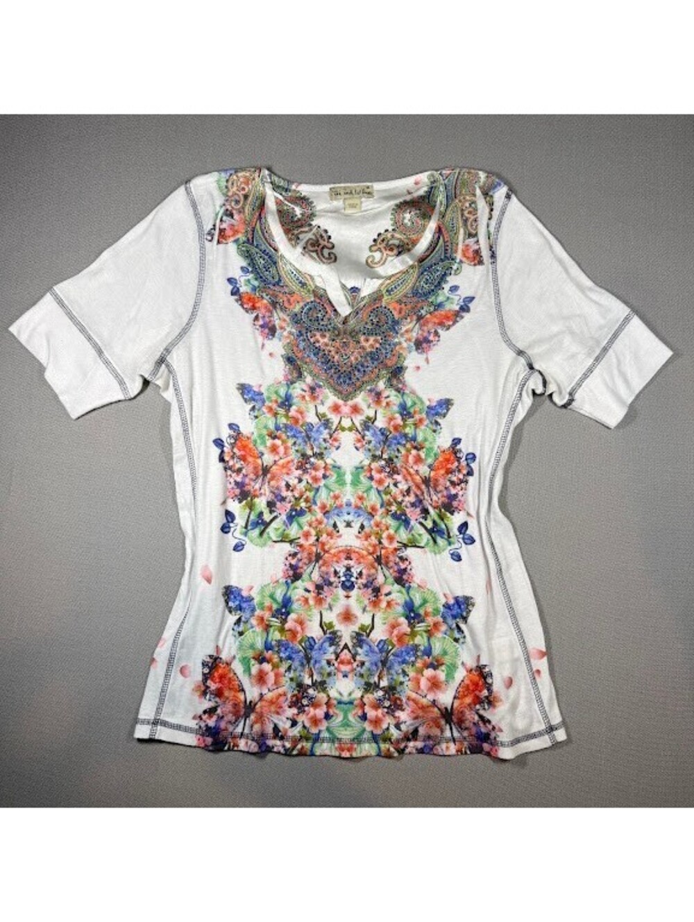 Live and Let Live Boho Embellished Floral Butterfly T-Shirt Med Y2K Whimsigoth